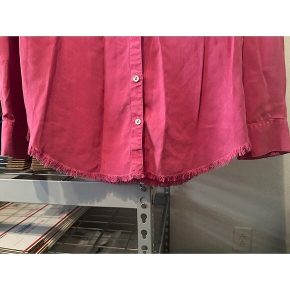 Foxcroft Pink Long Sleeve Button Down Collared Shirt Distressed Hem Women Sz 12 - Picture 4 of 7